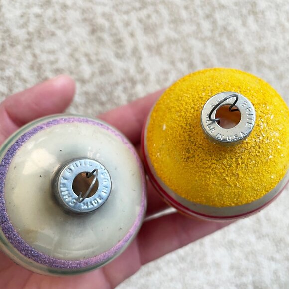 Vintage Shiny Brite Balls Set of 4 Striped Flocking Red Pink Yellow Purple Green - Picture 6 of 6